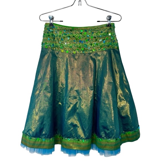 Basil & Maude Iridescent Green Blue Sequin Mermaid Beaded Skirt Sz 2 A Line - Picture 2 of 16
